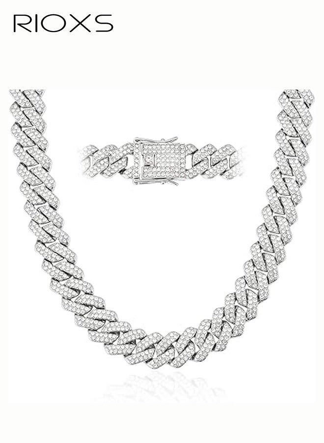 RIOXS Unisex Hip-Hop Cuban Chain Necklace, 14mm-wide Diamond-Cut Geometric Rhinestone Design, Alloy Material with Diamond-Studded Pendant, Streetwear Fashion Piece, Sliver - Image 2